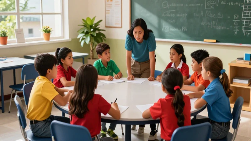 Niños mexicanos colaborando en un aula moderna