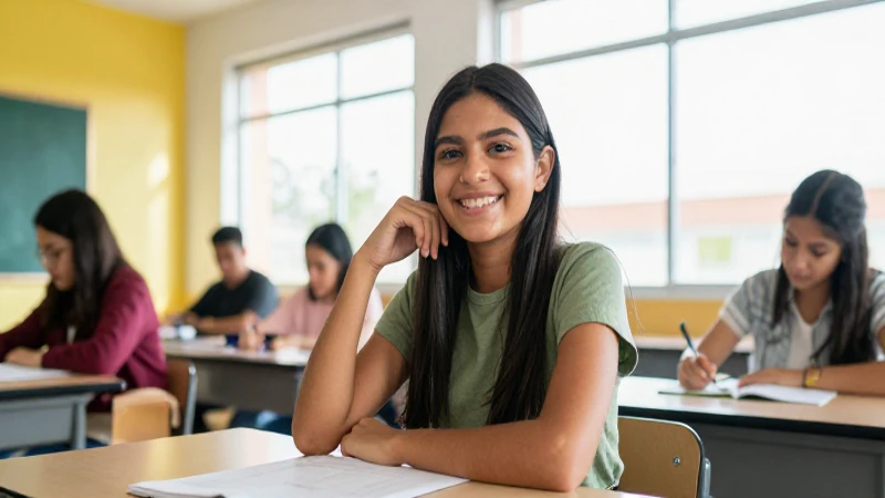 Estudiante sonriente en clase vibrante y moderna
