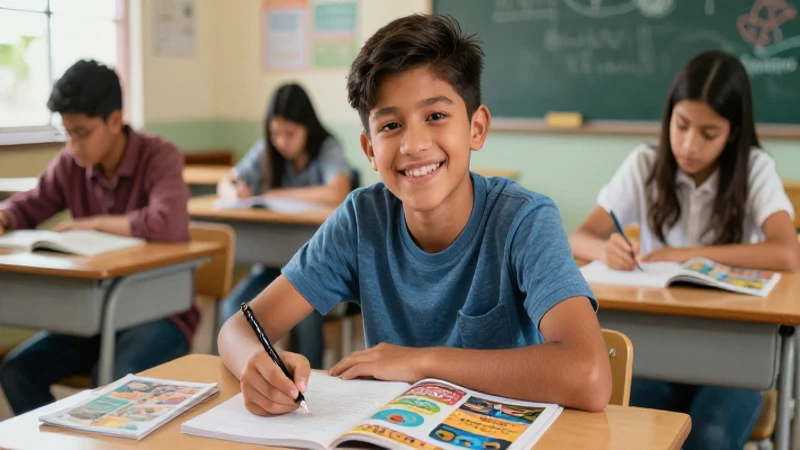Joven mexicana estudia con alegría en ambiente dinámico