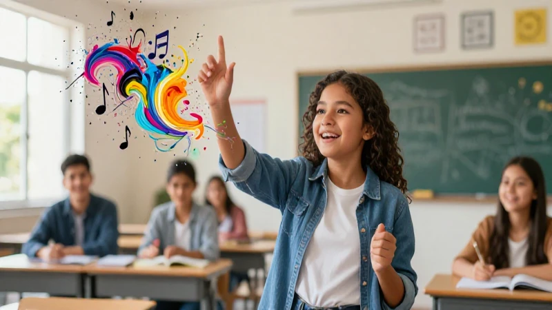 Potencia tu creatividad: Beneficios y desafíos de la educación artística/música en la Nueva Escuela Mexicana 3 Estudiante mexicano alegre interactúa con notas musicales abstractas