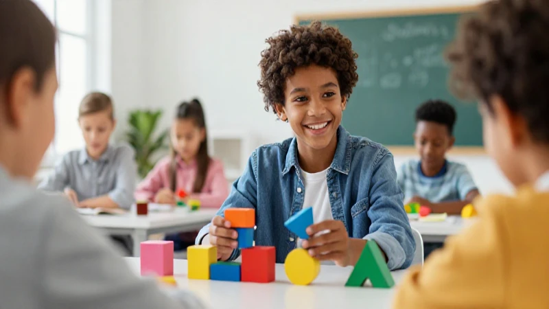Estudiante sonriente interactúa con formas geométricas vibrantes