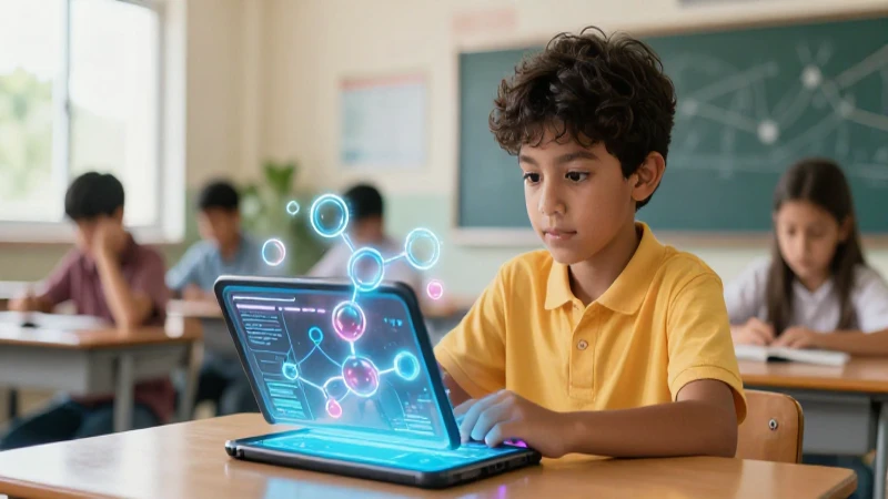 Joven estudiante aprende química en un entorno futurista y vibrante