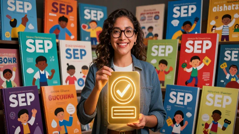 Educador mexicano moderno con libros vibrantes SEP