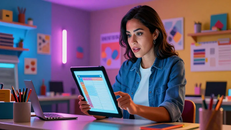 Maestra mexicana revisando lecciones digitales modernas