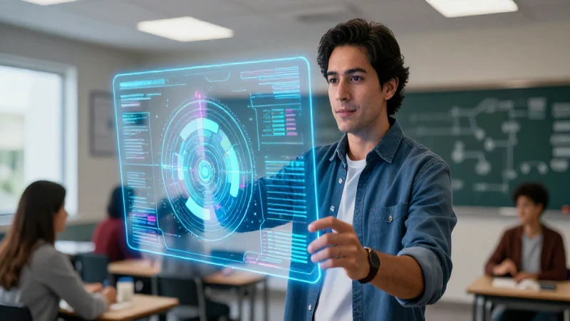 Profesor mexicano digital con datos holográficos en clase moderna