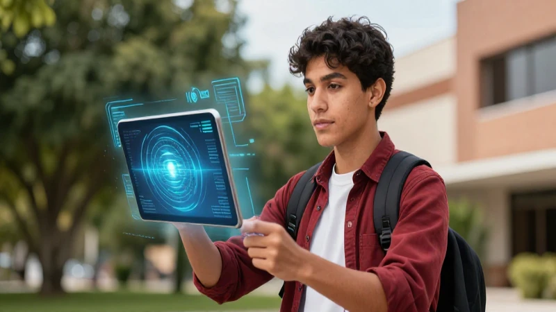 Estudiante aprende con interfaz digital avanzada
