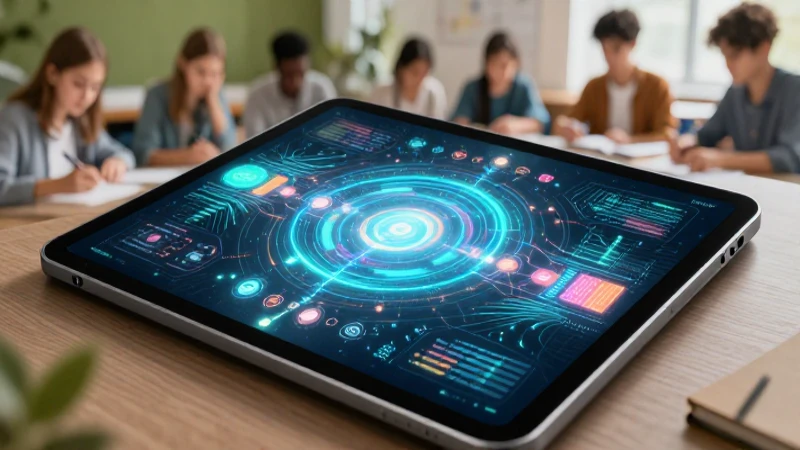 Estudiantes aprenden con una tableta tecnológica y vibrante