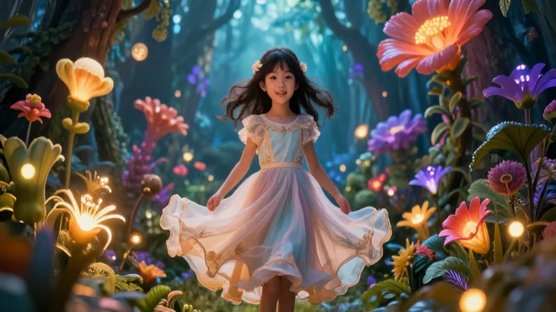 Conoce los cuentos más populares y entra en un mundo de fantasía 4 Niña en bosque mágico lleno de flores luminosas