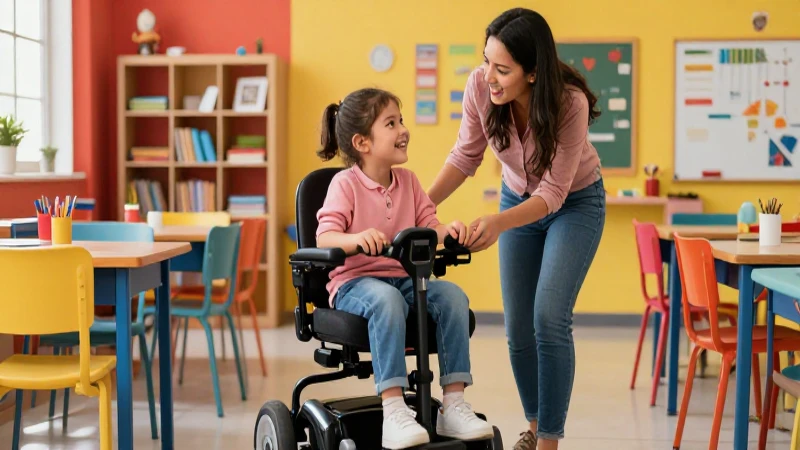 Derechos estudiantes discapacidad: Educación inclusiva en la Nueva Escuela Mexicana 3 Niño feliz asistido en aula moderna de alta calidad