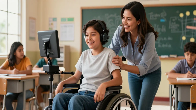 Estudiante sonríe usando tecnología asistida