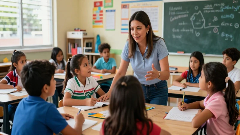 Enseñanza inclusiva: estrategias para superar desafíos docentes 3 Maestro mexicano interactúa en un aula inclusiva y vibrante