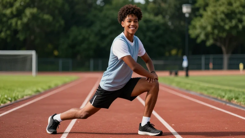 Estudiante diverso sonríe en pista atlética con estilo