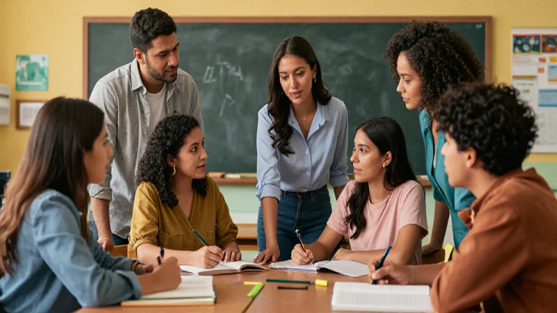 Supera desafíos escolares con flexibilidad y métodos en la Nueva Escuela Mexicana 3 Maestros diversos colaboran en vibrante clase mexicana
