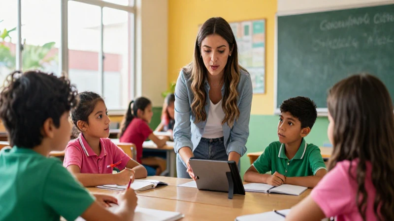 Aula moderna mexicana con profesora y alumnos