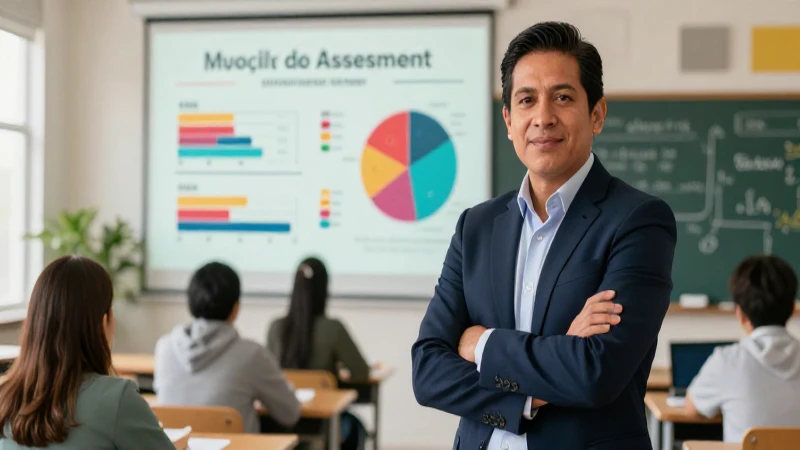 Educadora mexicana en aula con visualización de datos