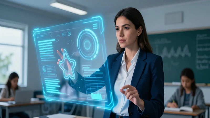 Maestra enseña con holograma educativo vibrante
