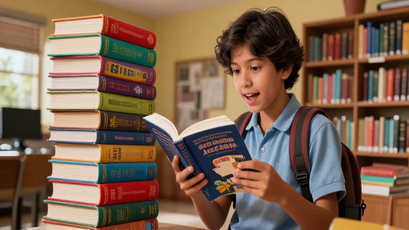 Estudiante entusiasta leyendo libros coloridos en México