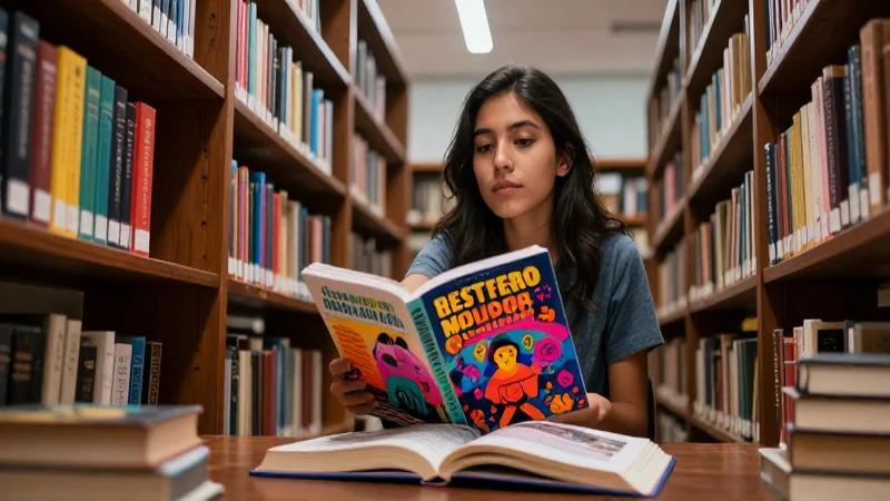 Estudiante curioso lee libro en biblioteca
