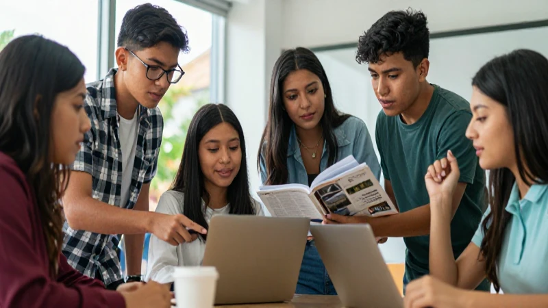 Jóvenes mexicanos colaborando en un aula moderna