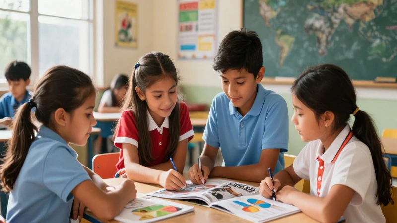 Diversos niños mexicanos colaborando en aula moderna
