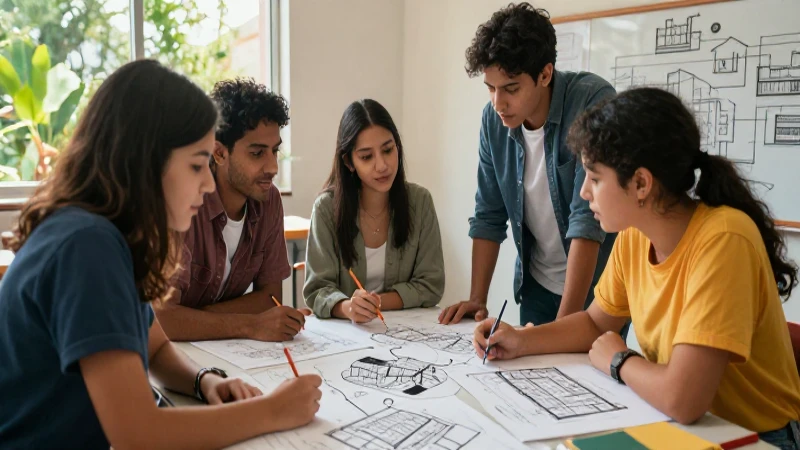 Estudiantes mexicanos colaboran en arquitectura bajo luz vibrante