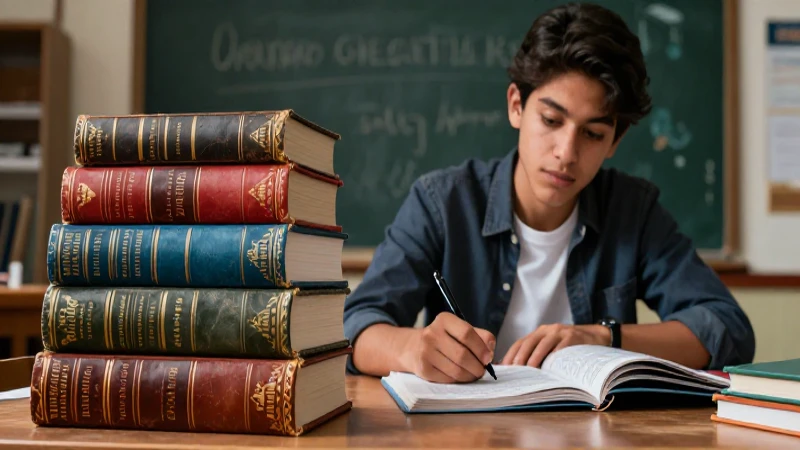 Estudiante mexicano con libros clásicos de lujo