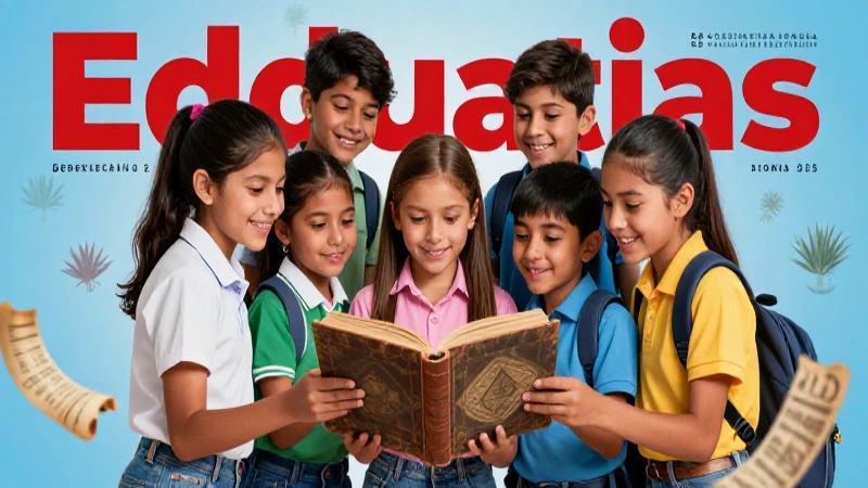 Niños mexicanos leen historia en una ilustración vibrante
