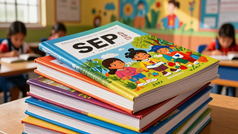 Libros mexicanos y niños aprendiendo bajo luz cálida