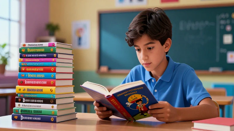 Estudiante lee libros mexicanos en aula moderna