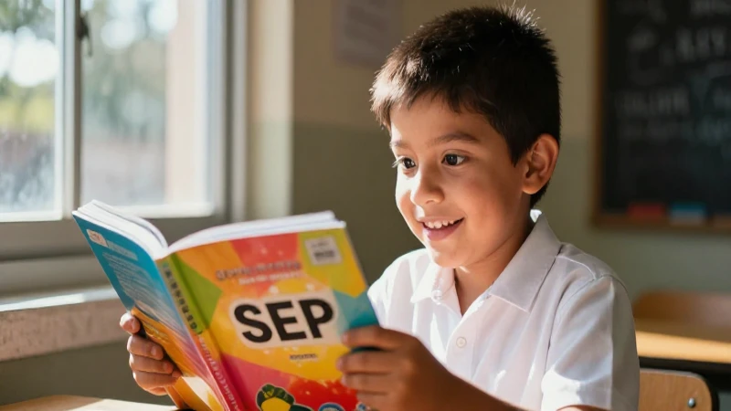 Niño alegre estudiando vibrante libro con luz cálida