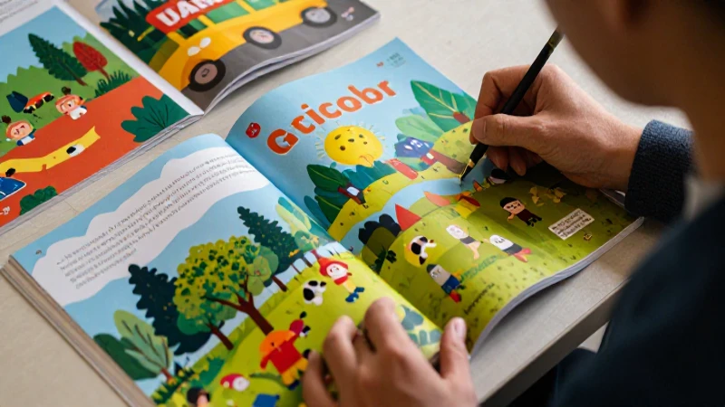 Diseñador revisa vibrantes maquetas de libros de texto educativos