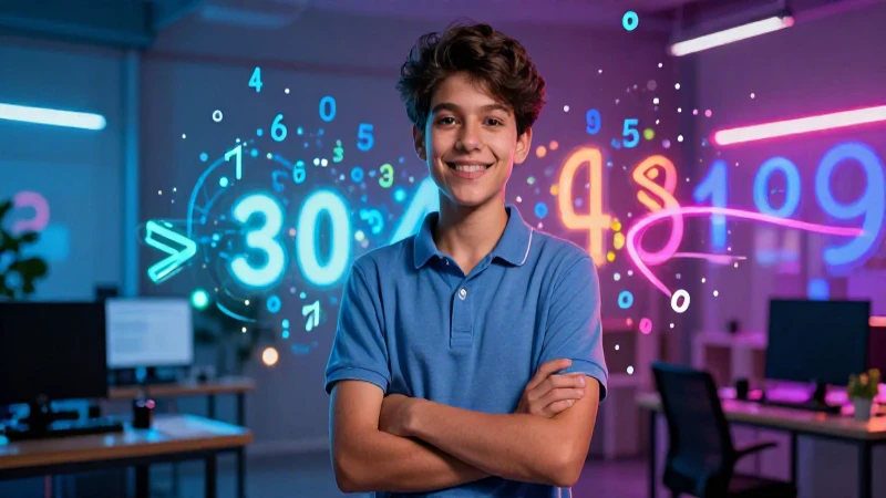 Estudiante sonriente con patrones numéricos abstractos