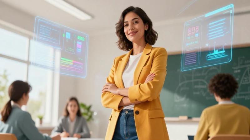 Maestra moderna en aula futurista luminosa