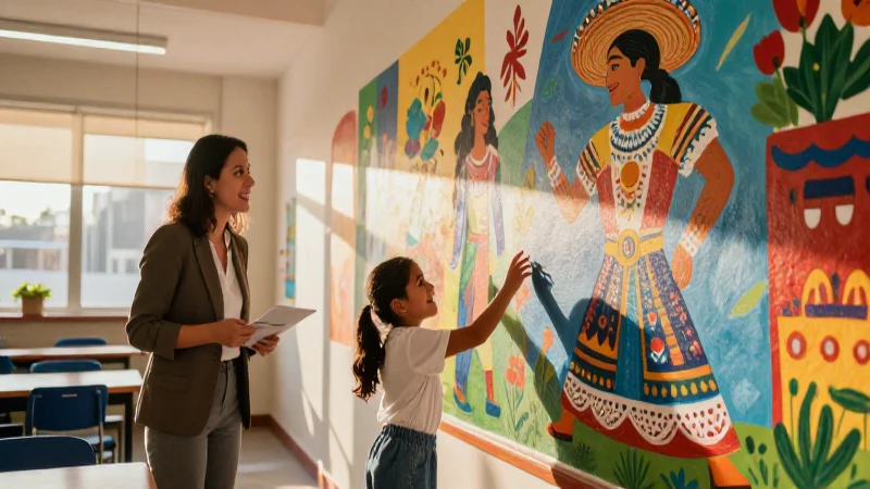 Estudiante sonriente admira mural de arte mexicano