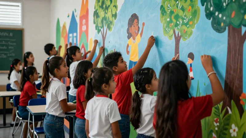 Niños mexicanos crean mural alegre y vibrante