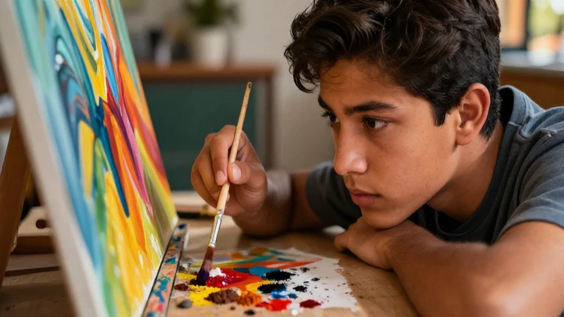 Estudiante mexicano pintando arte vibrante