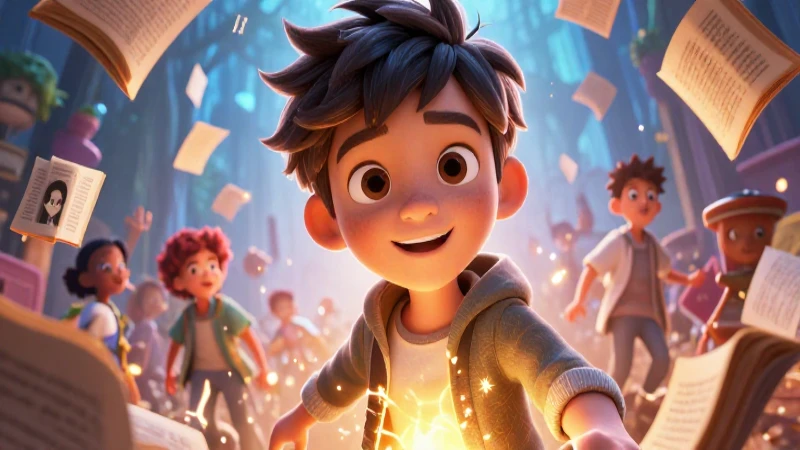 Joven brillante rodeado de magia literaria