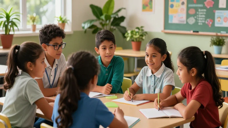 Transforma la educación con los pilares clave de la 'Nueva escuela mexicana' 5 Niños mexicanos colaboran en un aula vibrante e iluminada