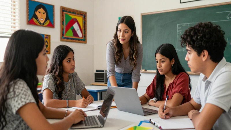 Explora los beneficios del plan de estudios de la Nueva Escuela Mexicana y su impacto 3 Estudiantes mexicanos colaboran en aula moderna
