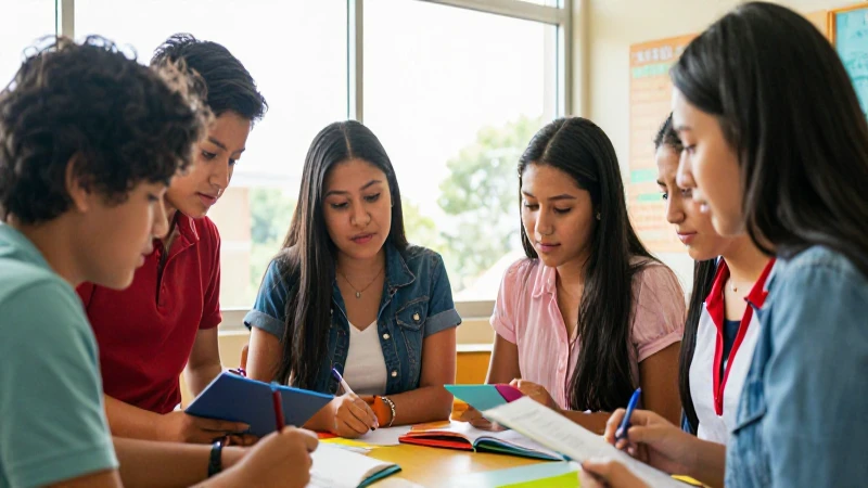 Cambios Clave en la Reforma Educativa: ¡Transforma el Futuro! 3 Estudiantes mexicanos colaborando con materiales educativos vibrantes