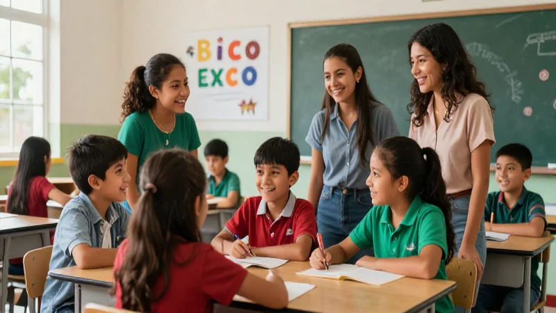 Estudiantes mexicanos felices en un aula moderna