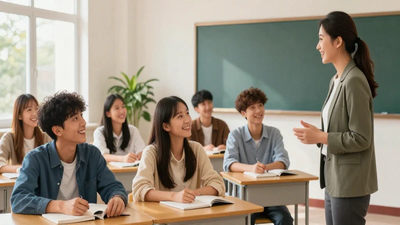 Profesora y estudiantes en aula vibrante