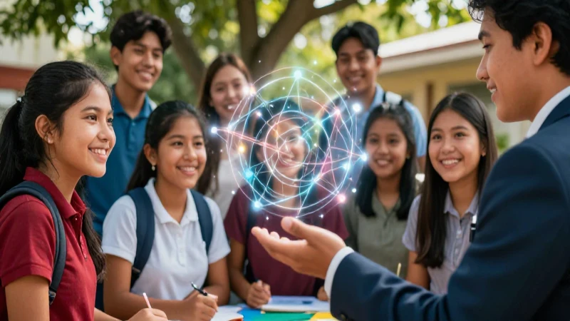 Estudiantes colaboran con guía en una red de conocimiento vibrante