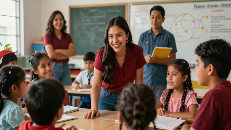 La Nueva Escuela Mexicana: Educación inclusiva y diversa en acción 4 Maestros mexicanos felices enseñan en un aula moderna y vibrante