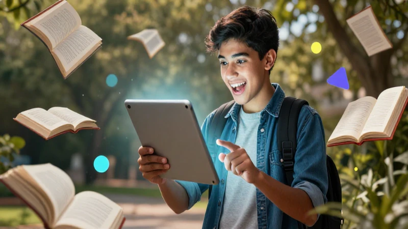 Joven estudiante interactúa con tablet brillante y libros