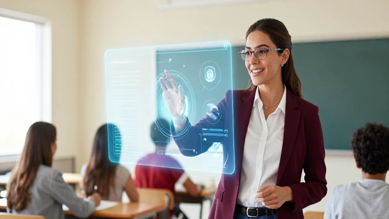 Maestra mexicana interactúa con interfaz holográfica en clase moderna
