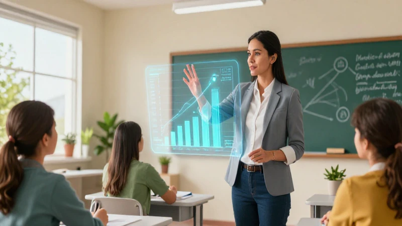 Profesora interactúa con gráfico holográfico moderno