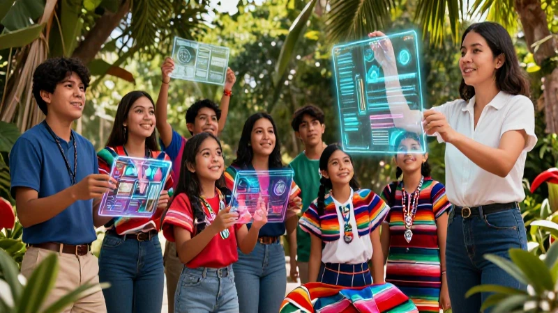 Ilustración de estudiantes mexicanos y hologramas vibrantes