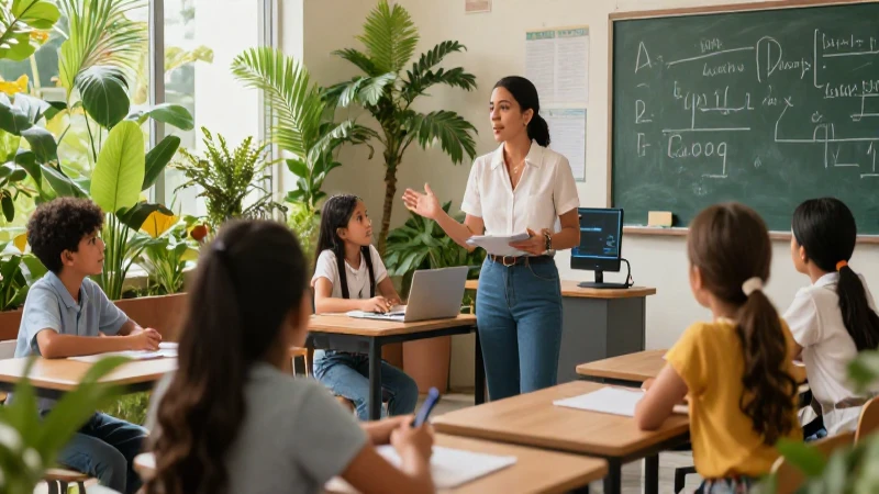 Profesora mexicana guía estudiantes en aula moderna y vibrante