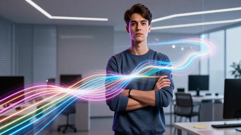 Joven ambicioso en entorno minimalista, con caminos de progreso vibrantes